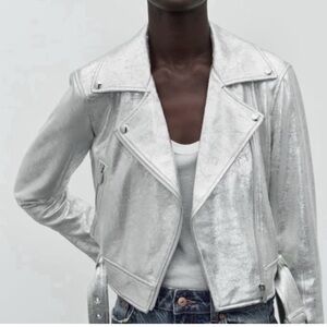 Zara Metallic Silver Leather Jacket